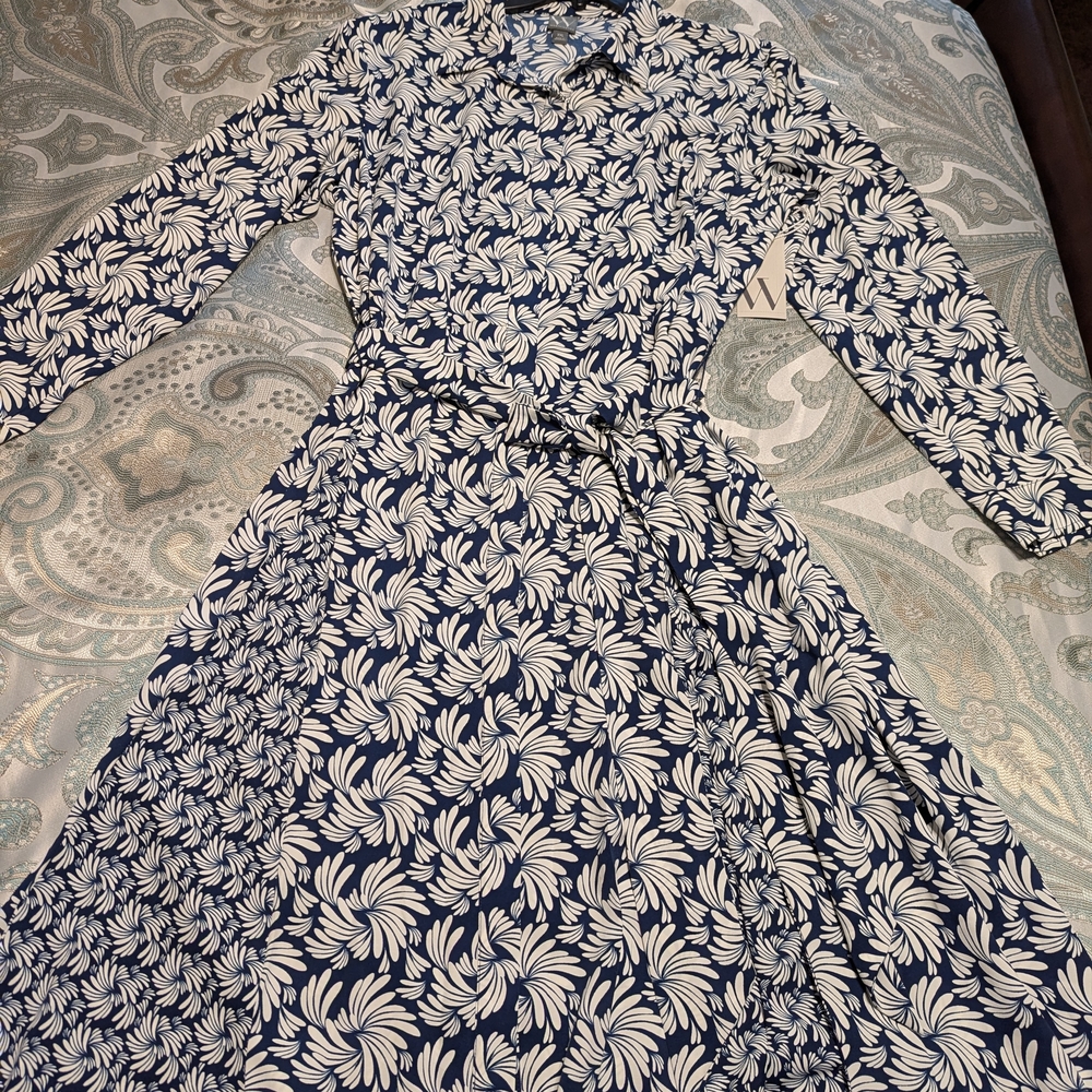Worthington Blue and White Long Sleeve Notched Collar Dress